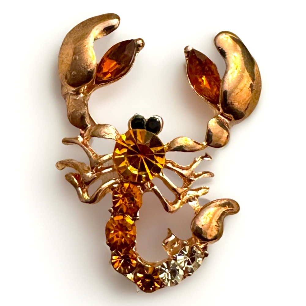 Scorpion Brooch Gold Clear Amber Rhinestone Scorpio Zodiac Pin